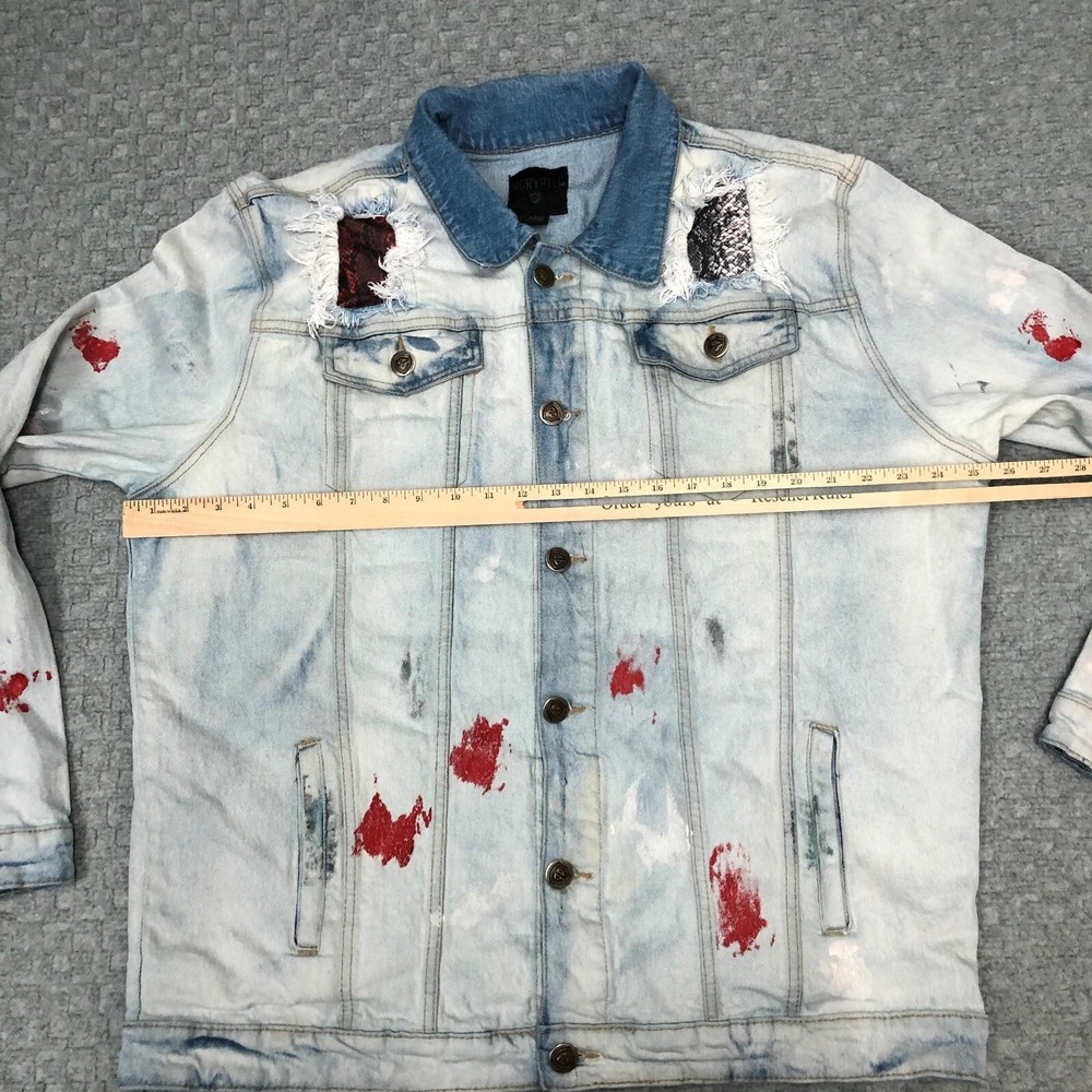 Encrypted Jacket Mens XL Light Wash Denim Distressed Paint Splatter Trucker Norm - Picture 6 of 14